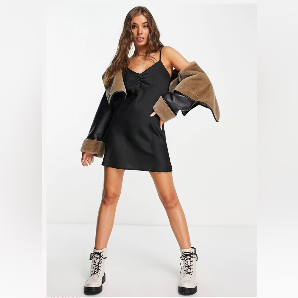 Black Satin Mini Slip Dress - Small